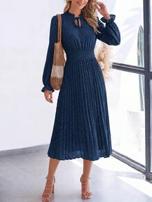 PRETTYGARDEN Women's Spring Fall Midi Dress Casual Long Sleeve V Neck Swiss Dot Pleated A Line Flowy Dresses New Years Party Valentine Vacation Dresses For Women - 深藍色 - 查看 3