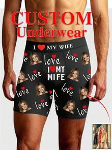 1pc Customized "I Love My Wife" Men's Boxer Briefs, Personalized Wife Photo Underwear, Romantic Gift For Husband, Heart Design, 9 Sizes - Black - View 1