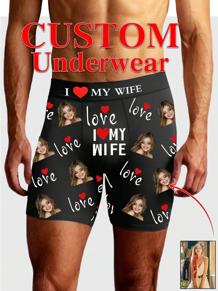 1pc Customized "I Love My Wife" Men's Boxer Briefs, Personalized Wife Photo Underwear, Romantic Gift For Husband, Heart Design, 9 Sizes - Black - View 1