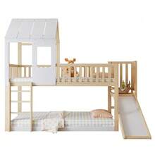 Bunk Bed With Right-Angled Ladder And Slide, House Bed With Roof And Window, With Fall Protection And Railing, Pine Frame, Natural+White (90x200cm) - Natural - 查看 1