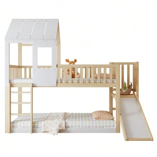 Bunk Bed With Right-Angled Ladder And Slide, House Bed With Roof And Window, With Fall Protection And Railing, Pine Frame, Natural+White (90x200cm) - Natural - 查看 1