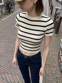 Buzzelle Women's Summer Striped Short Sleeve Casual Knit Cropped T-Shirt - Black and White - View 1