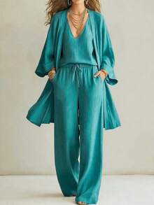 2026 New Women's Spring/Summer Resort Style Solid V-Neck Long Pants Three-Piece Set, Elegant Women's Ensemble, Comfortable Casual, Office Fashion - 寶藍色 - 查看 3