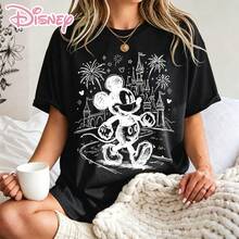 This Is A 100% Cotton Disney Women's T-Shirt, Hand-Drawn Sketch Style Mickey And Castle Prints, Suitable For Vacations, Parties & Daily Wear. - 黑色 - 查看 1