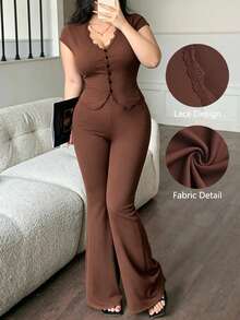 abyoxi Women's Plus Size Brown Lace Patchwork Short Sleeve V-Neck Single-Breasted Cinched Waist Slim Fit T-Shirt And Flare Pants 2-Piece Set, Vintage Elegant, Casual, Office Commute, Date, Daily Outing, Knit Top And Long Pants Summer Set - Brown - View 1