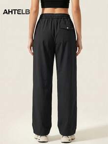 AHTELB Women's Solid Color Draped Loose Cargo Pants, Fashionable Wide Leg Style, Thin Ice Silk Breathable Casual Sports Versatile All Season Long Pants, Suitable For Daily Commute And Outdoor Hiking And Exploration Activities, Women's Pants, Pants, Women's Sports Pants, Sports Pants, Women's Hiking Apparel, Hiking Pants, Women's Hiking Gear, For Friends, Wives, And Girlfriends - Black - View 2