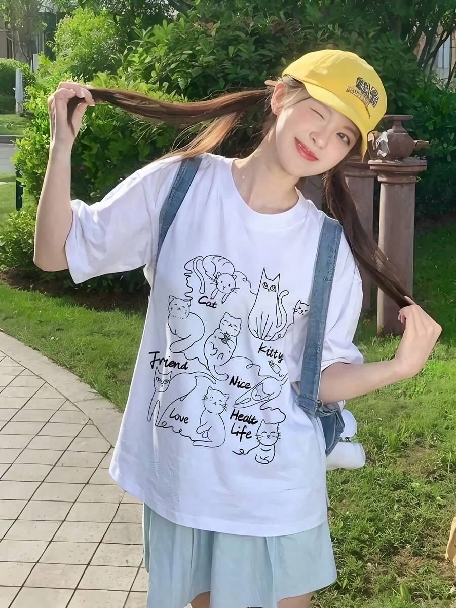 200g Pure Cotton T-Shirt, Summer 2025, Women's, New, Short Sleeve, Pure Cotton, Girl's Print, Short Sleeve, Round Neck, Couple's Wear, Round Neck, Women's Top - White - View 1