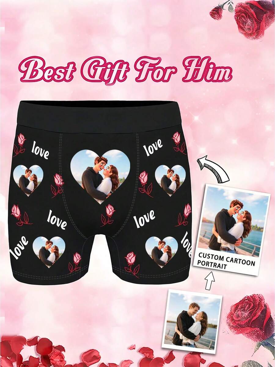 1pc Men's Customized Cartoon Couple Portrait Print Rose Heart Pattern Black Soft Breathable Casual Boxer Briefs, Valentine's Day Gift - Multicolor - View 1