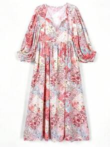 Women's Bohemian Lantern Sleeve Dress, Elegant Fashion V-Neck Tie Waist Pocket Random Print Dress, Women's Summer Vacation Outerwear Dress, Women's Beach Holiday Outfit, Suitable For Mother's Day, Women's Party Wedding Dress Pink - Pink - View 7