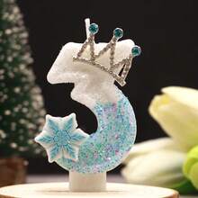 1 pièce Bougie d'anniversaire stylisée en forme de chiffre, décoration de gâteau avec paillettes bleues, flocon de neige et couronne, bougie de décoration de fête d'anniversaire thème princesse - Blanc - Voir 6