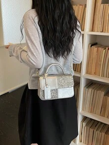 Women's Square Handbag, Dual-Color Plaid Patchwork Design, Fashionable Elegant Minimalist, Crossbody Shoulder Bag, Silver - Silver - View 6