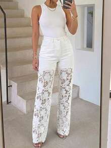 ChicMe Women's Hollow Lace Patchwork High Waist Straight Leg Jeans, Zipper Denim Pants, Casual Fashion Street Style - White - View 9
