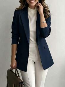 1pc Women's Elegant Old Money Style Solid Color Minimalist Blazer, Suitable For Daily Outings, Business, Workplace, Street, Office Wear - Royal Blue - View 1
