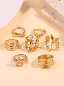 Juego de 7 piezas de anillos de diseño exquisito, de moda, vintage, único y versátil con motivos de concha, lazo y geométricos, joyería para mujer para uso diario, vacaciones, fiestas y regalo - Multicolor - Ver 6