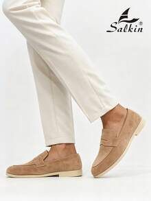 Salkin 男士奢華設計師便貨樂福鞋 一腳蹬 純色柔軟麂皮休閒鞋 平價奢華現代生活款 舒適透氣 防滑耐磨底 時尚優雅紳士社交鞋 日常穿著 學生畢業典禮大學風 商務正裝鞋 男士辦公派對宴會 春夏秋季鞋款 尺碼偏小 建議選擇大一號 - 米色 - 查看 10