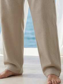 Mercer Haus Men's Straight Leg Casual Loose Fit Versatile Drawstring Pure Cotton Pants - Khaki - View 7