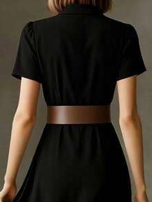 HUTENER Vestido midi A-line de mujer negro con cuello pequeño, manga corta y cintura ceñida, ropa de verano para mujer, vestido midi A-line que estiliza sin cinturón, elegante para ir al trabajo y uso diario (sin cinturón incluido) - Negro - Ver 5
