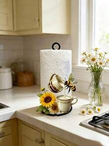Sunflower And Bee Pattern Paper Towel Holder, Exquisite Coffee And Honey Print Design, Suitable For Kitchen Countertop And Dining Table, Rustic Style Storage Rack, Perfect Housewarming Gift For Nature And Coffee Lovers - Multicolor - View 3