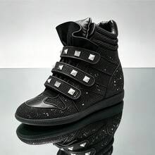 New Women's Suede Sneakers (Model Year 2026): Hidden Wedge Heel, Lightweight Upper, Concealed Reinforced Heel, Retro Street Style - 黑鑲鑽 - 查看 2