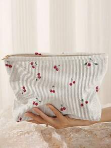 1pc Cherry Blossom Floral Unicorn Print Corduroy Zipper Makeup Bag Toiletry Bag, Large Capacity Lined Storage Bag, Suitable For Travel, School And Girls Daily Use - Multicolor - View 3