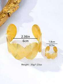2pcs/Set Geometric Spiral Pattern Open Bangle Bracelet & Ring Set For Women, Fashionable, Suitable For Beach, Vacation, Party, Banquet, Daily Wear - Yellow Gold - View 5