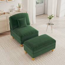 Comoda poltrona lounge classica in ciniglia con grembiule arricciato removibile, gambe affusolate e poggiapiedi mobile - Divano morbido e profondo per il soggiorno, bianco. - Verde - Visualizzare 3