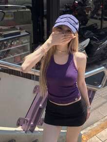Yorily 女款休閒日常通勤極簡純色修身掛脖上衣，夏季，美學風格 - 紫色 - 查看 10