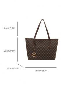 Fashion Solid Color Large Capacity M Letter Print Tote Bag, Metal Decor, Shoulder Bag, Suitable For Women Shopping, Commuting, Daily Use, Suitable For Students Back To School - Coffee - View 2