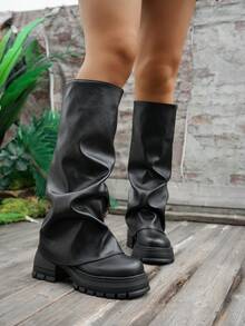Women's Round Toe Chunky Boots, All-Season Pleated Slip-On Pants, Suitable For Daily Outdoor Commute, Fashionable Long, Heel - Black - View 3
