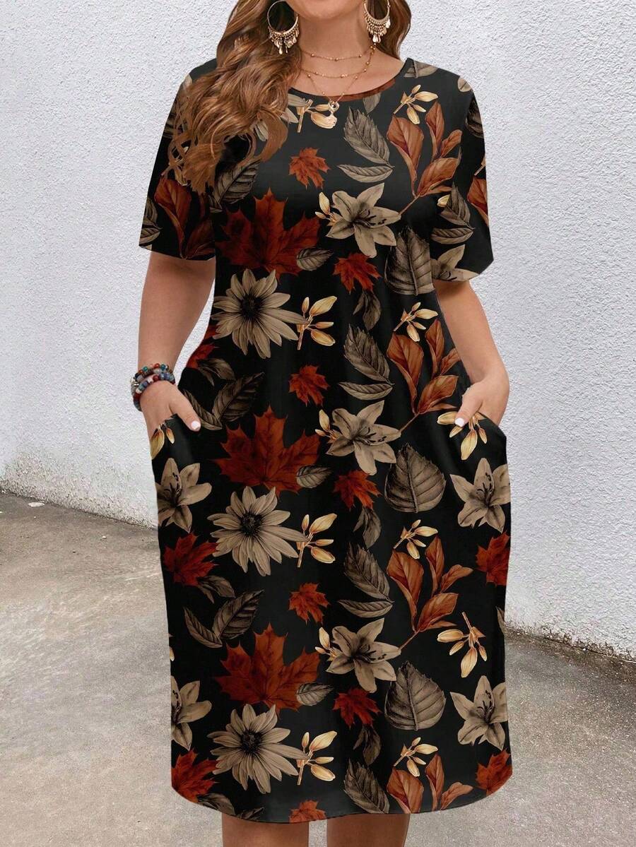 Vestido casual de talla grande con estampado de hojas vintage, adecuado para primavera/verano - Multicolor 2 - Ver 1