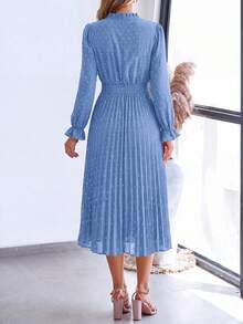 PRETTYGARDEN Women's Spring Fall Midi Dress Casual Long Sleeve V Neck Swiss Dot Pleated A Line Flowy Dresses New Years Party Valentine Vacation Dresses For Women - 淺藍色 - 查看 2