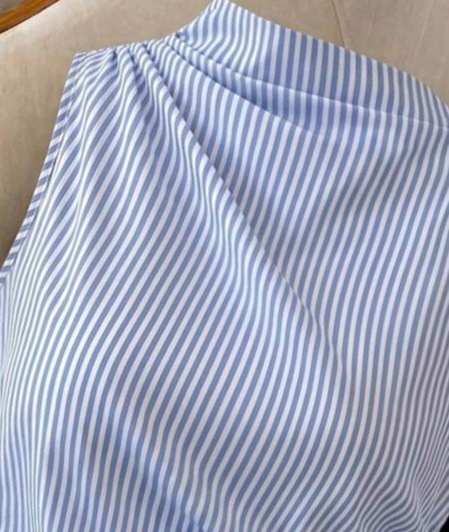 Parte superior ajustada asimétrica con estampado de lunares rojos para mujer, parte superior con lunares marrones, parte superior con lunares marrones, parte superior - Azul y blanco - Ver 1