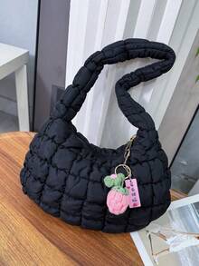 Bolso de hombro versátil para uso diario y desplazamientos, de color liso, suave, acolchado tipo nube, plisado y de llevar bajo el brazo - Negro - Ver 2