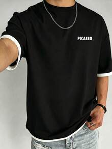 Men's Retro Patchwork Pattern T-Shirt With Abstract Print, Suitable For Daily Wear - Black - View 3