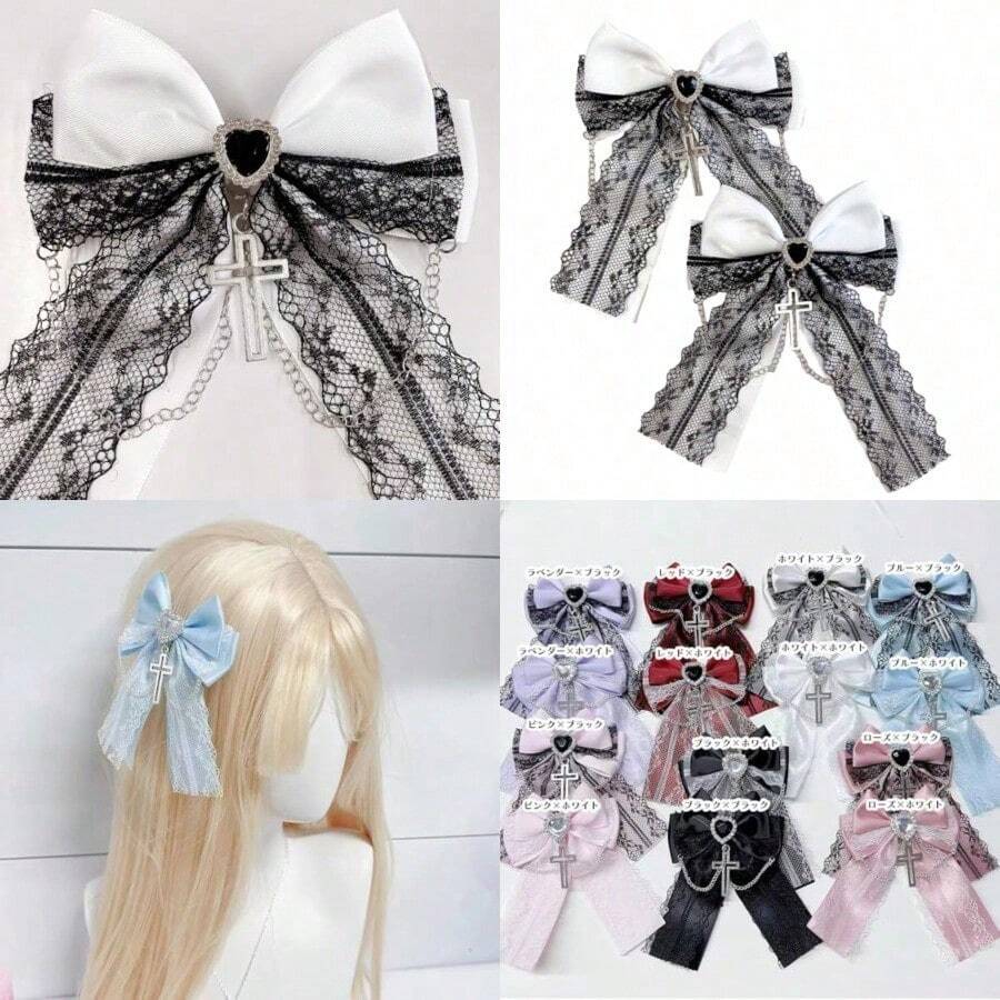 1pc Multicolor Fashion Bow Chain Cross Bow Lace Edge Lolita Hair Clip - Multicolor - View 1