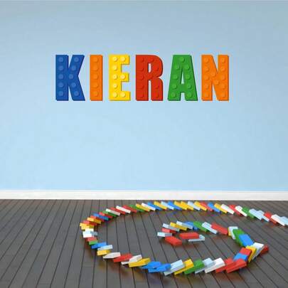Calcomanía de pared personalizada con nombre en bloques de colores, pegatina de vinilo removible personalizada para dormitorio, decoración de pared divertida y moderna (solo pegatina)