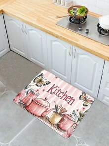 1pc Pink Cookware Pattern Kitchen Mat, Faux Cashmere Square Decorative Rug, Washable Soft Kitchen Floor Mat, Suitable For Party Decor, Room, Hallway, Entryway, Living Room, Bathroom, Kitchen, Study, Indoor And Outdoor Decor, Perfect Gift For Room Decor, Home Decor, Home Gift Welcome Mat, Birthday Gift, Party Gift - View 5