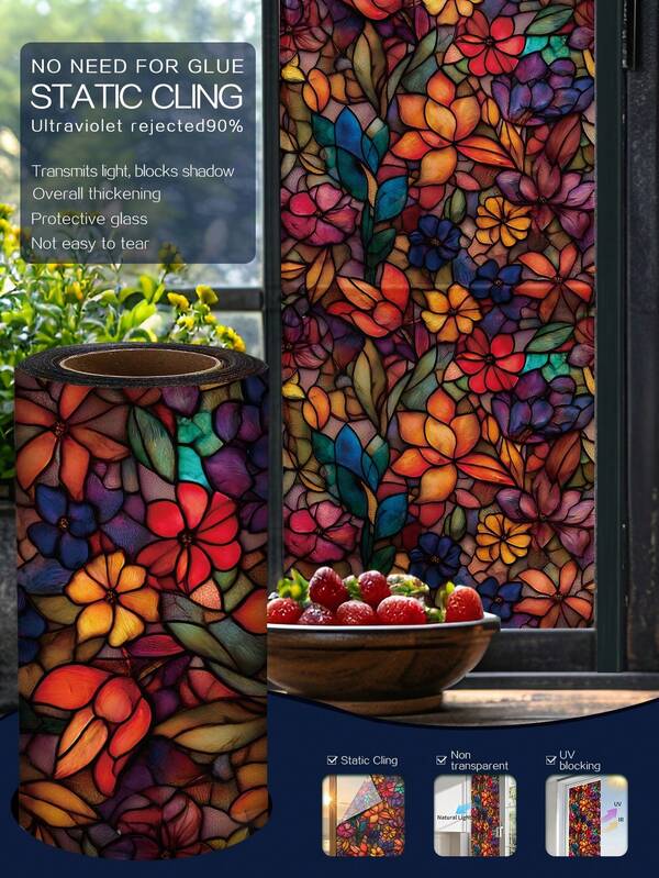 1Roll 1m/2m/3m Vintage Colorful Floral Pastoral Style 3D Static Cling Window Film, Window Privacy Film, Removable, Easy Installation, Vinyl Window Film, UV Protection, Heat Insulation, Home Decor, Glass Film, Decorative Window Sticker