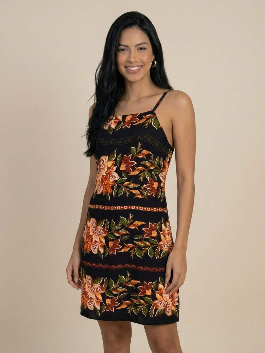 Short Dress With Zipper In The Back, Printed Summer Design. - Coffee - View 1