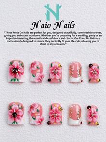 NAIO 10片/組手工穿戴式假指甲，3種尺寸：棺材形/杏仁形/短方型，Y2K海灘風，粉色花卉美甲搭配3D櫻花與蜜蜂設計，金色與仿珍珠裝飾，適合女性與女孩，日常使用與派對，送給女士美甲的絕佳禮物 - 彩色 - 查看 17