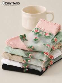 ZHIYITANG 5雙女款碎花刺繡花卉圖案荷葉邊蕾絲優雅性感迷人透視玻璃絲長襪，春夏薄款透氣舒適柔軟吸濕排汗，運動休閒街頭風日常穿著長襪 - 彩色 - 查看 3