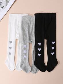 3 Pairs Baby Girls Heart Pattern Solid Color Tights, High Elasticity Soft Baby Leggings, Basic Everyday Wear - Multicolor - View 4
