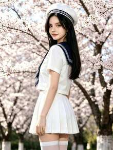1件裝日系可愛純白三件式水手JK制服，短袖海軍領附領結，可搭配水手帽，適合動漫Cosplay、拍照、社團派對、化裝舞會、情人節約會穿搭 - 白色 - 查看 5