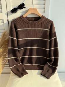 1pc Tween Girls Minimalist Preppy Style Outdoor Daily Commute Sports Personalized Pullover Comfortable Long Sleeve Knit Sweater - Brown - View 1