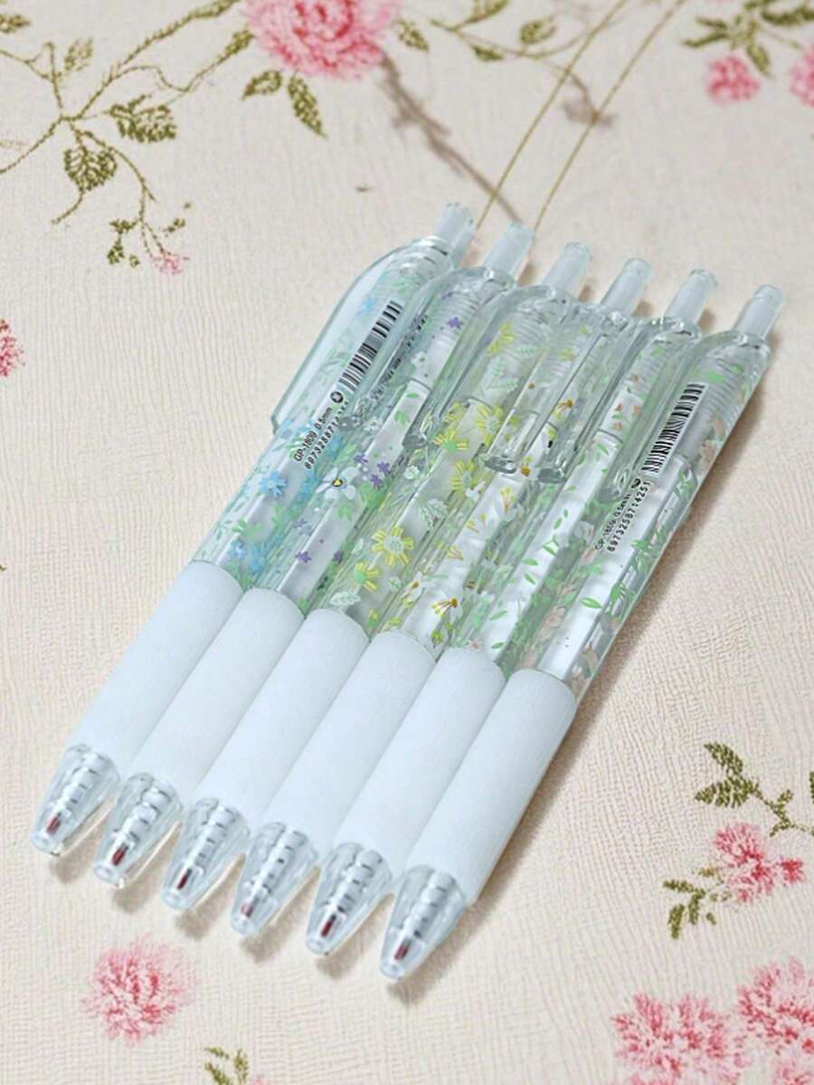 6支可伸縮花卉圖案0.5mm黑色快乾中性筆，書寫順滑，適用於筆記本與辦公用品，返校季理想選擇
