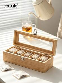 choxila 1Pc Wooden Tea Bag Storage Box, Compartment Desktop Sundries Organizer Flip Cover Storage Rack For Office Coffee Tea Storage - Wooden Tea Bag Storage Box - View 2