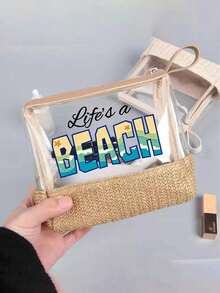 防水大容量便攜式化妝包 透明草編海灘化妝包 "Life's A Beach" 印花防水PVC盥洗包 旅行收納包 海灘必備包 透明盥洗包 可存放防曬霜、零食、比基尼和海灘必需品 適合女性度假、泳池派對、夏季海灘、日常使用 收納包 輕便化妝包 適合海灘旅行、潛水、夏季度假、旅行、日常使用 適合伴娘、單身女郎派對禮物、返校季、夏季度假 理想之選 - 彩色 - 查看 4
