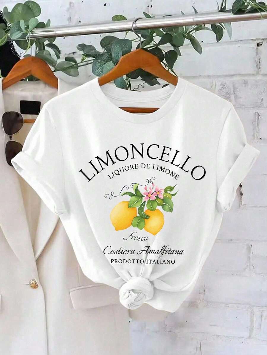 Short-Sleeve T-Shirt With Round Neck And Lemon And Letter Print - Soft, Breathable, Micro-Elastic, Casual Top For Summer And Spring - White - View 1