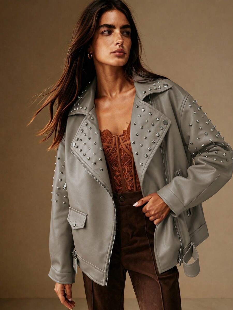 Giolshon 女款街頭風繫帶機車夾克,時尚百搭秋冬通勤外套 - 灰色 - 查看 1