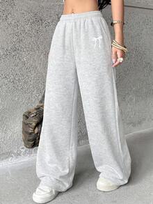 1pc Girls' Loose Bow Print Straight Leg Pants, Warm For Spring, Autumn And Winter - Grey - View 6